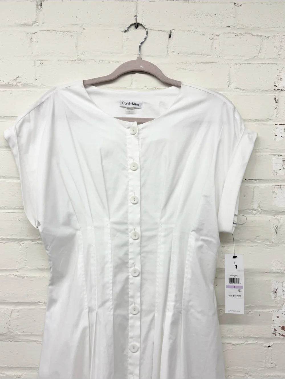 NWT Calvin Klein White Pintuck Fit and Flare Button Down Midi Dress Size 6